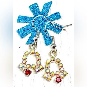 Vintage AB Rainbow & Red Crystal Rhinestone Christmas Bell Hollow Earrings 1.5”